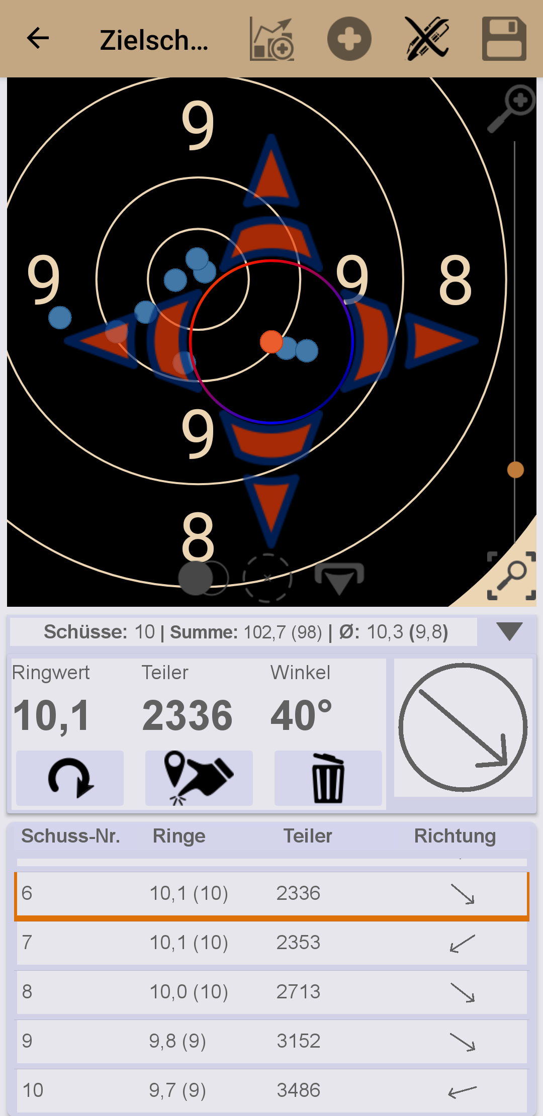 Hinzufügen, Editieren und Löschen von Treffern auf Zielscheiben in der App